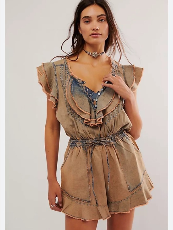Free People Pants - Free People FP One Naya Chambray Romper With Pockets Brown Flutter Sleeves S NEW